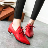 春季新款红色皮鞋女英伦系带平跟粗跟休闲鞋尖头百搭铆钉女式单鞋
