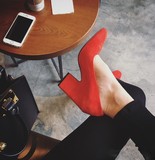 欧洲站2016春款 ALU同款 方头粗跟单鞋 真皮高跟鞋 红色婚鞋女鞋