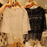 夏季新款韩版大码流苏蕾丝衫宽松圆领罩衫透明镂空短袖上衣