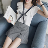 2016夏装新款韩版V领无袖百褶雪纺衫+格子短裙裤套装两件套女潮