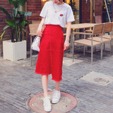 2016春夏韩国女装不规则开叉中长款高腰显瘦红色A字牛仔半身裙子