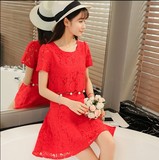 2016新款韩国显瘦修身甜美短袖蕾丝连衣裙夏红色蕾丝裙中裙大红色