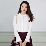 范思蓝恩荷叶袖立领衬衫女2016春装新款修身韩版长袖白色雪纺衬衫
