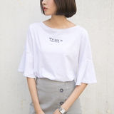字母印花T恤女个性时尚七分袖修身百搭潮韩版喇叭袖上衣学生甜美