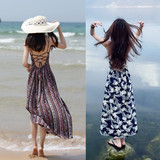 夏季新款韩版吊带开叉露背度假沙滩长裙印花中长款波西米亚连衣裙
