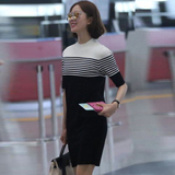 刘诗诗明星机场同款早秋新款女装针织连衣裙黑白条纹中长款打底裙