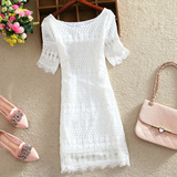 夏季新款韩版白色蕾丝衫 中长款修身甜美短袖打底衫体恤上衣女潮