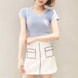 韩版2016夏季新款时尚拼接撞色学生套头上衣修身针织短袖T恤女