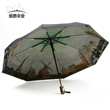 小黑伞全自动黑胶折叠女士晴雨伞时尚遮阳伞创意风景太阳防紫外线