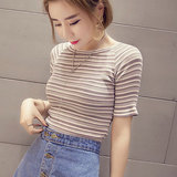 韩国夏装简约圆领显瘦细横条纹百搭修身紧身针织短袖T恤女