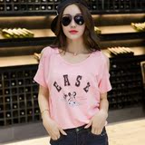 2016夏装新款韩版韩国女装短袖T恤宽松印花露肩性感蝙蝠衫上衣服