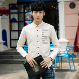 秋季青少年韩版修身印花长袖男衬衫青年休闲纯棉学生薄款衬衣潮