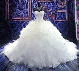 婚纱礼服新款2015春季韩版新娘白色镶钻抹胸修身条条小拖尾婚纱裙