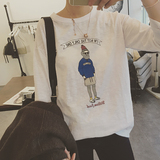2016春款韩版卡通小人图案长袖打底衫宽松圆领女款中长款纯棉T恤