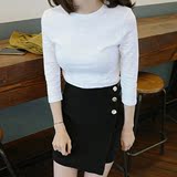 韩国2016夏季女装新款七分袖纯色短款圆领修身竹节棉T恤女打底衫