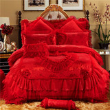 新结婚四件套全棉韩式床裙款床罩床单1.8m大红色蕾丝婚庆床上用品