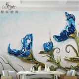 现代欧式复古蓝色玫瑰花卉油画电视背景墙壁纸    无缝大型壁画