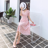 夏季新款韩版修身蕾丝镂空V领高腰短袖连衣裙A字大摆粉色中长裙子