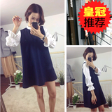 夏季韩版学生女装防晒荷叶长袖蓝黑白拼接小立领A字女直筒连衣裙