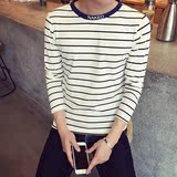 2016男装秋季新款长袖T恤韩版时尚圆领细条纹大码打底衫男上衣潮