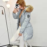 2016冬军工袖标韩版中长款抽绳外套休闲保暖大毛领加厚羽绒服女装