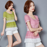 夏款女装2016简约韩版雪纺衫 纯色蕾丝上衣短袖遮肚子显瘦打底衫