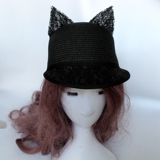 韩国新款可爱蕾丝草帽女韩版猫耳朵恶魔骑士帽子 遮阳蕾丝鸭舌帽