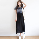 夏季韩版女装雪纺连衣裙夏天短袖条纹中长款大码修身显瘦学生裙子