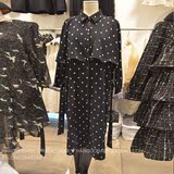 韩国东大门2016秋季新品中长款波点印花翻领系扣修身长袖衬衫 女