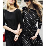 夏装新款七分袖黑色复古波点连衣裙欧洲站气质显瘦长裙大码连衣裙