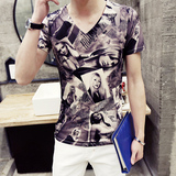 夏季男士短袖T恤男装韩版修身青年学生半袖V领3D印花体恤衫男潮流