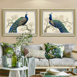 美式复古装饰画欧式客厅沙发背景墙有框挂画横幅餐厅玄花鸟画孔雀