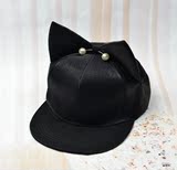 新款可爱超萌女猫耳朵珍珠平沿帽子女士夏天韩版潮时尚个性棒球帽