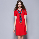 夏显瘦短袖针织棉质领带红色衬衫polo连衣裙 宽松休闲个性a字裙女