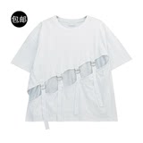 花田橱窗 欧美港版设计H765纯色镂空系带铁环宽松短袖圆领女T恤夏