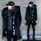 2014秋冬 韩版连帽大衣 男士修身中长款毛呢风衣男加厚潮男装外套