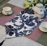 英伦青花瓷餐桌旗 时尚现代简约长条桌布茶几布 蓝色花床旗柜旗巾