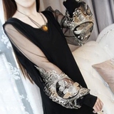 2016春秋新款大码女装中长款长袖修身连衣裙韩版网纱蕾丝打底衫