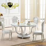 欧匠 欧式特价圆餐台实木玻璃白色橡胶木新古典银箔位餐桌OJ-T098