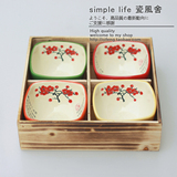 日式和风梅花古朴木质礼盒米饭碗\四色厚\陶瓷餐具套装碗