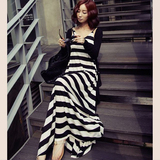韩版夏装新款 黑白条纹连衣裙 背心裙波西米亚长裙 长款 女装裙子