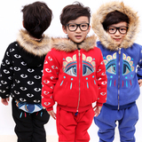 韩版童装大眼睛毛领连帽加绒夹棉卫衣儿童套装男女童休闲保暖套装