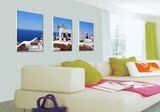 欧式客厅三联装饰挂画玄关横版圣托里尼无框画风景壁画地中海风格