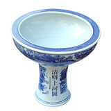 鸿轩 景德镇陶瓷器 清明上河图 青花瓷大鱼缸 立柱开放式金鱼龟缸