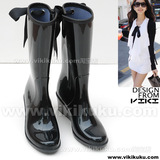 2012韩国最新时尚雨靴 纯黑中筒拉链丝带坡跟女雨鞋 水鞋R10621