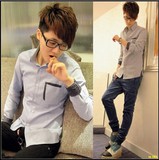 C39*韩版修身 双口袋衬衫 男长袖衬衫 波点衬衫 牛津纺衬衣P30