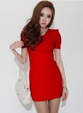 2012新款 韩国SZ 耸肩 高腰 修身性感大红连衣裙