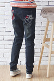 韩版贴布刺绣字母 宽松加厚加绒翻边直筒牛仔裤 女