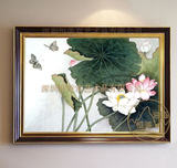 恒美手绘油画/中式新古典别墅客厅餐厅玄关有框画/写实荷花XH73