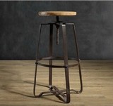 美式乡村田园升降吧台凳 复古铁艺实木面板做旧高脚酒吧椅咖啡椅